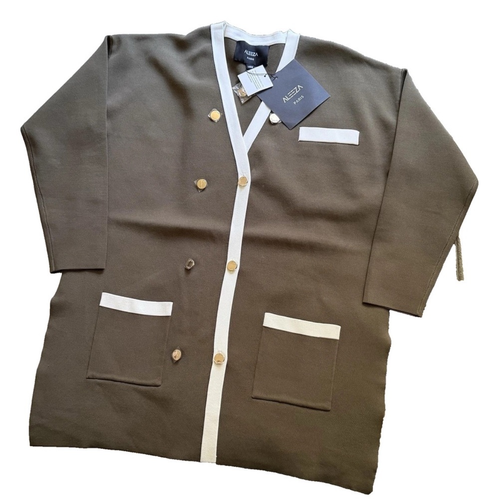 Chic Olive Women's Cardigan with White Accents